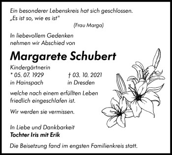 Traueranzeige von Margarete Schubert von lausitzer_rundschau