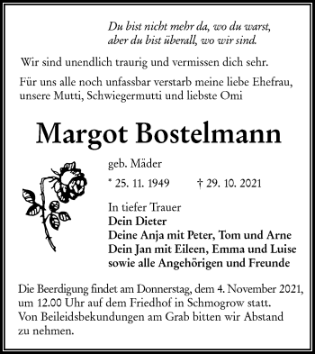 Traueranzeige von Margot Bostelmann von lausitzer_rundschau