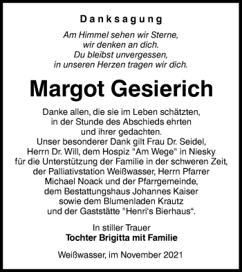 Traueranzeige von Margot Gesierich von lausitzer_rundschau
