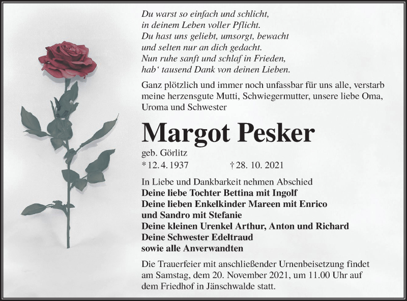  Traueranzeige für Margot Pesker vom 13.11.2021 aus lausitzer_rundschau