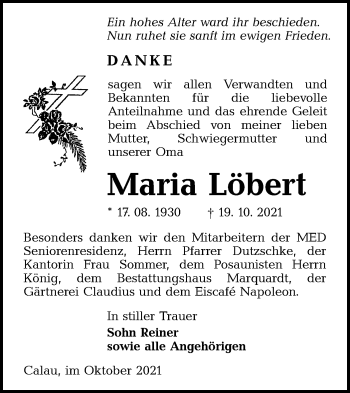 Traueranzeige von Maria Löbert von lausitzer_rundschau