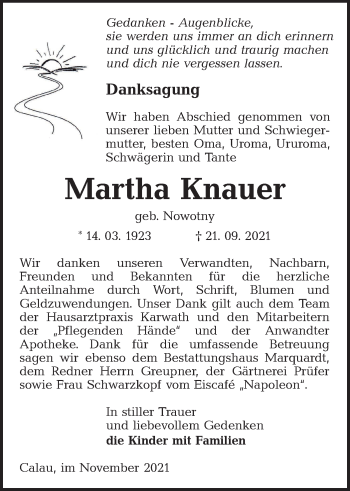 Traueranzeige von Martha Knauer von lausitzer_rundschau