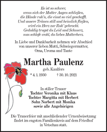 Traueranzeige von Martha Paulenz von lausitzer_rundschau