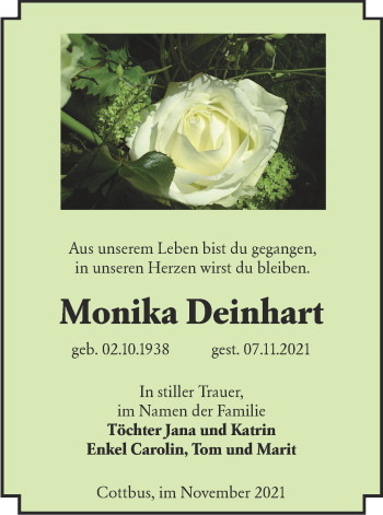 Traueranzeige von Monika Deinhart von lausitzer_rundschau