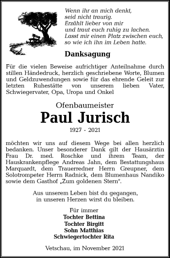 Traueranzeige von Paul Jurisch von lausitzer_rundschau