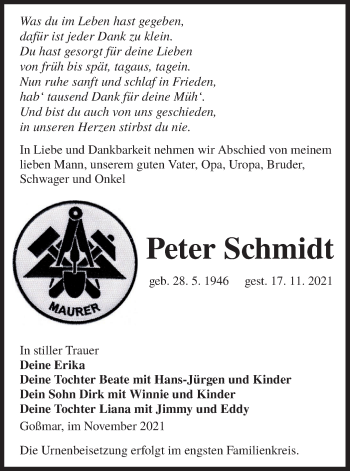 Traueranzeige von Peter Schmidt von lausitzer_rundschau