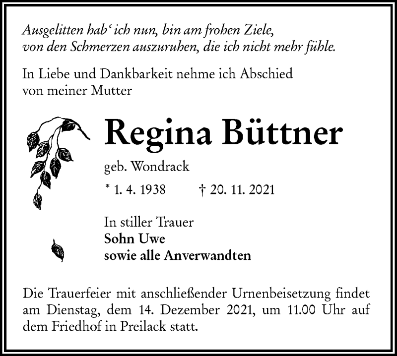  Traueranzeige für Regina Büttner vom 27.11.2021 aus lausitzer_rundschau