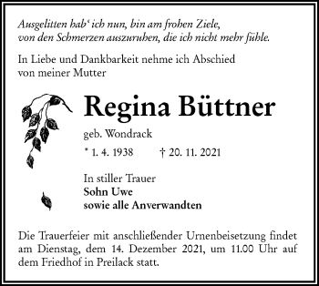 Traueranzeige von Regina Büttner von lausitzer_rundschau