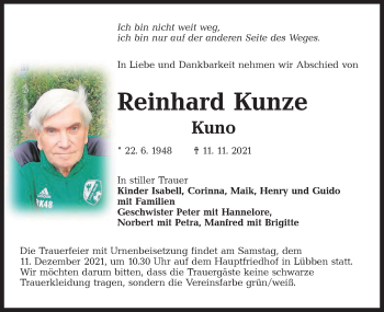 Traueranzeige von Reinhard Kunze von lausitzer_rundschau