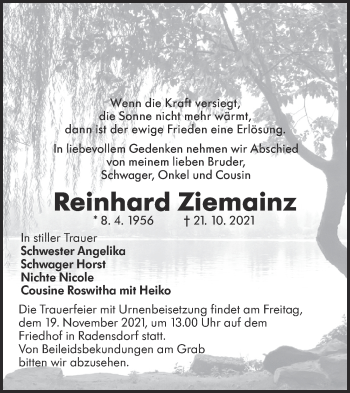 Traueranzeige von Reinhard Ziemainz von lausitzer_rundschau