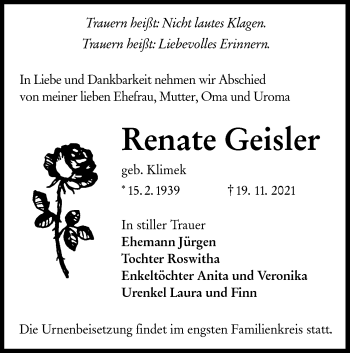 Traueranzeige von Renate Geisler von lausitzer_rundschau