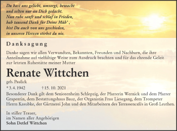 Traueranzeige von Renate Wittchen von lausitzer_rundschau