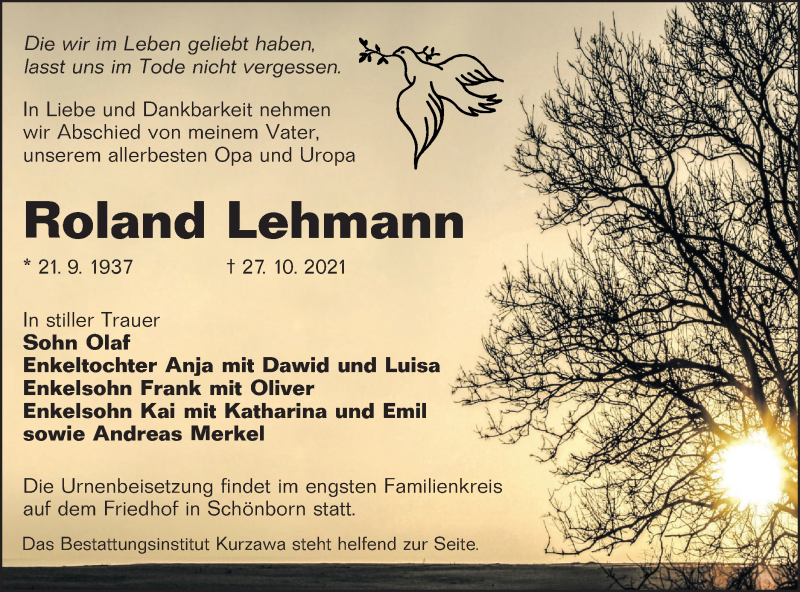  Traueranzeige für Roland Lehmann vom 06.11.2021 aus lausitzer_rundschau