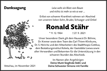 Traueranzeige von Ronald Stähr von lausitzer_rundschau