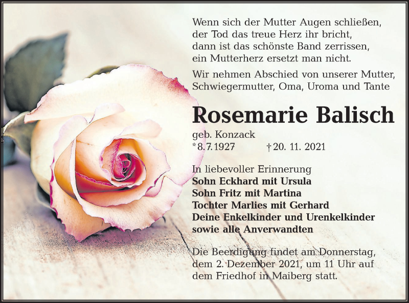  Traueranzeige für Rosemarie Balisch vom 27.11.2021 aus lausitzer_rundschau