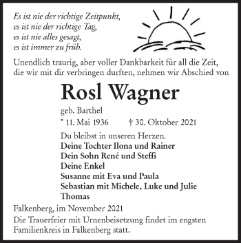 Traueranzeige von Rosl Wagner von lausitzer_rundschau