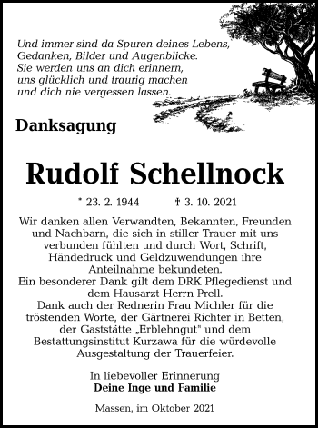 Traueranzeige von Rudolf Schellnock von lausitzer_rundschau