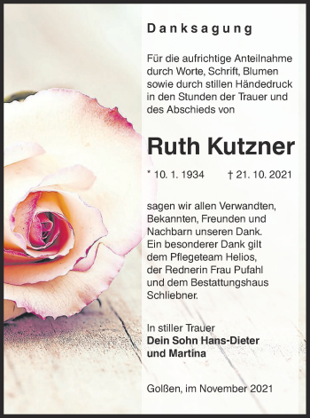Traueranzeige von Ruth Kutzner von lausitzer_rundschau