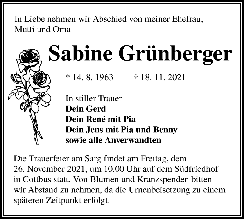  Traueranzeige für Sabine Grünberger vom 23.11.2021 aus lausitzer_rundschau