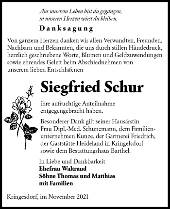 Traueranzeige von Siegfried Schur von lausitzer_rundschau
