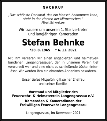 Traueranzeige von Stefan Behnke von lausitzer_rundschau
