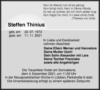 Traueranzeige von Steffen Thinius von lausitzer_rundschau
