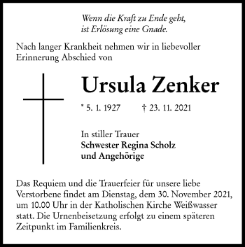 Traueranzeige von Ursula Zenker von lausitzer_rundschau