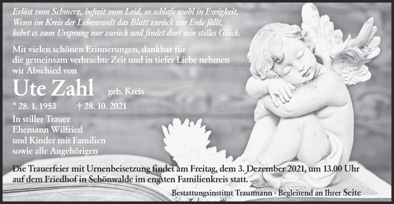  Traueranzeige für Ute Zahl vom 06.11.2021 aus lausitzer_rundschau