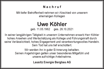 Traueranzeige von Uwe Köhler von lausitzer_rundschau