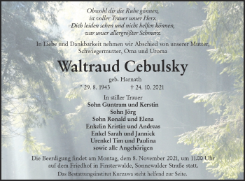 Traueranzeige von Waltraud Cebulsky von lausitzer_rundschau