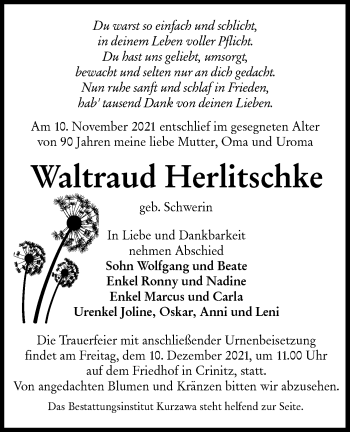 Traueranzeige von Waltraud Herlitschke von lausitzer_rundschau