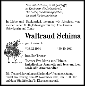 Traueranzeige von Waltraud Schima von lausitzer_rundschau