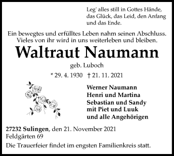 Traueranzeige von Waltraut Naumann von lausitzer_rundschau