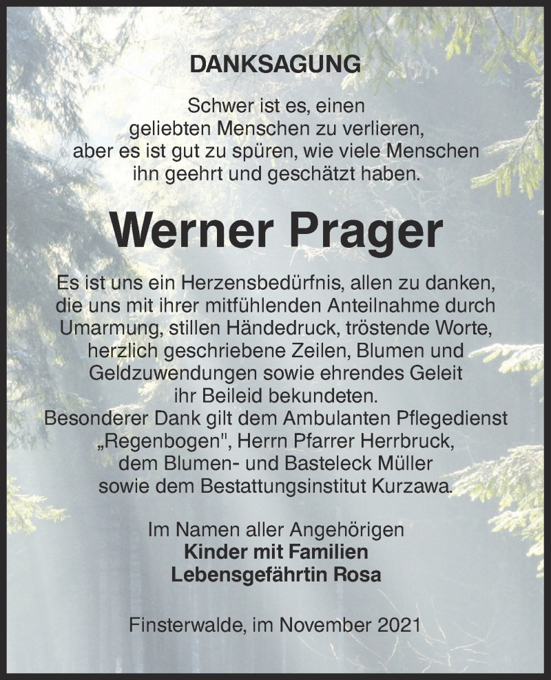  Traueranzeige für Werner Prager vom 20.11.2021 aus lausitzer_rundschau