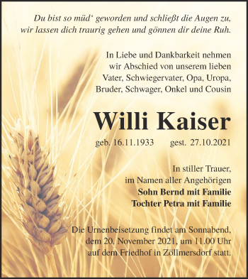 Traueranzeige von Willi Kaiser von lausitzer_rundschau