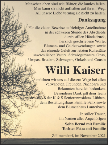 Traueranzeige von Willi Kaiser von lausitzer_rundschau