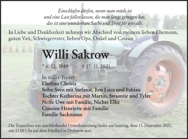  Traueranzeige für Willi Sakrow vom 27.11.2021 aus lausitzer_rundschau