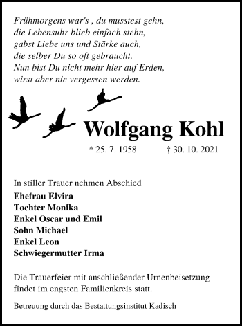 Traueranzeige von Wolfgang Kohl von lausitzer_rundschau