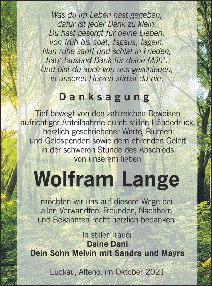  Traueranzeige für Wolfram Lange vom 06.11.2021 aus lausitzer_rundschau