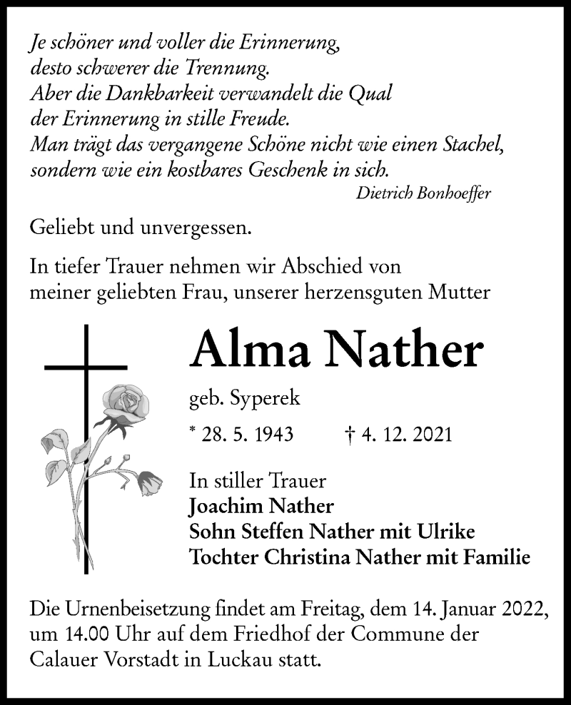  Traueranzeige für Alma Nather vom 11.12.2021 aus lausitzer_rundschau