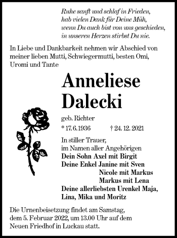 Traueranzeige von Anneliese Dalecki von lausitzer_rundschau