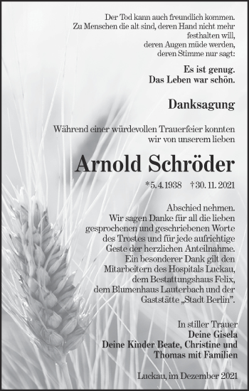 Traueranzeige von Arnold Schröder von lausitzer_rundschau