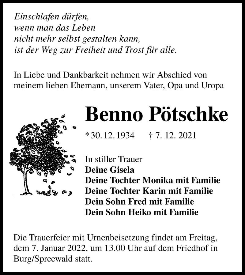  Traueranzeige für Benno Pötschke vom 18.12.2021 aus lausitzer_rundschau