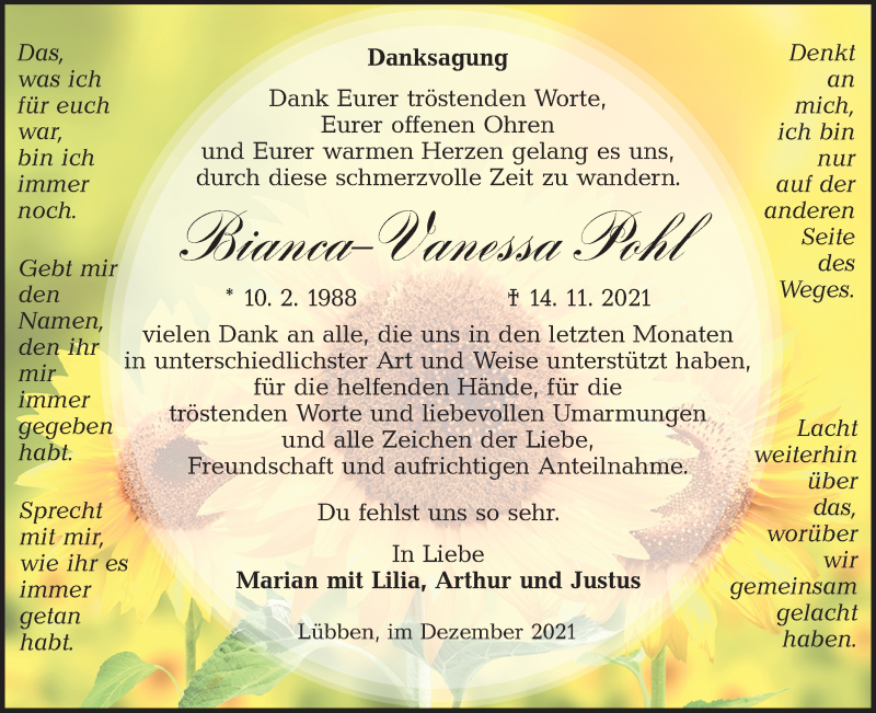  Traueranzeige für Bianca-Vanessa Pohl vom 24.12.2021 aus lausitzer_rundschau
