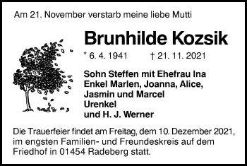 Traueranzeige von Brunhilde Kozsik von lausitzer_rundschau