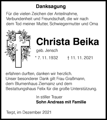 Traueranzeige von Christa Beika von lausitzer_rundschau