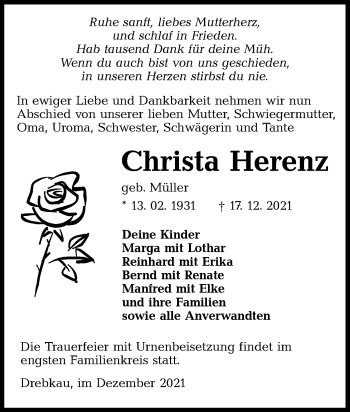 Traueranzeige von Christa Herenz von lausitzer_rundschau