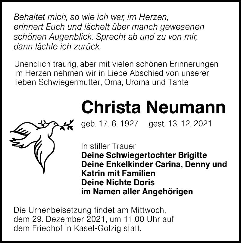  Traueranzeige für Christa Neumann vom 18.12.2021 aus lausitzer_rundschau