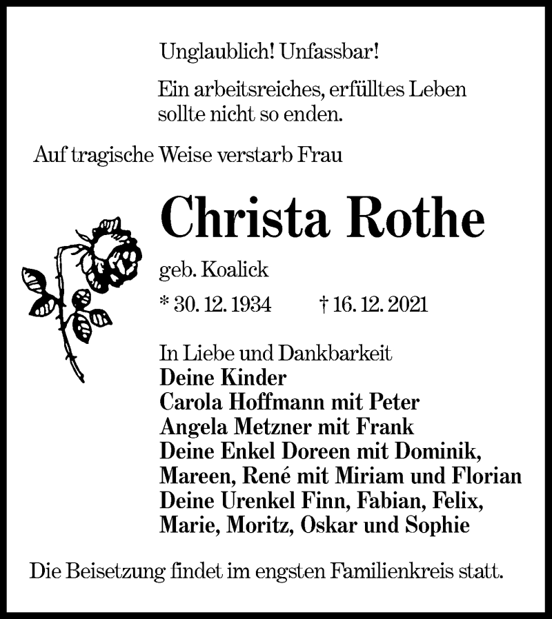  Traueranzeige für Christa Rothe vom 23.12.2021 aus lausitzer_rundschau