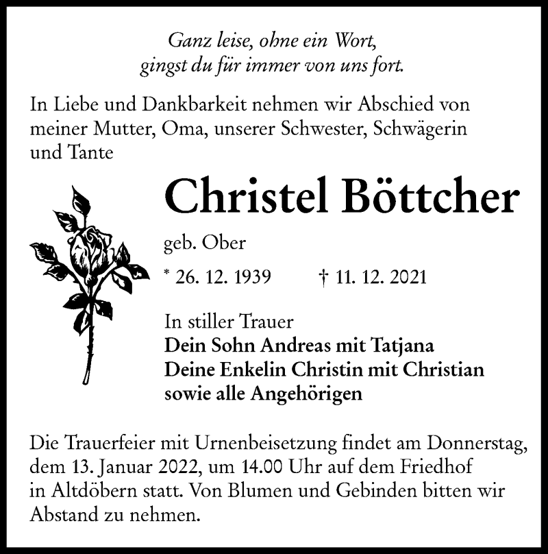  Traueranzeige für Christel Böttcher vom 18.12.2021 aus lausitzer_rundschau